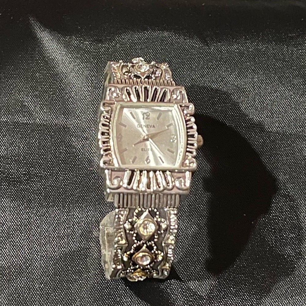 Geneva Platinum Silver-Tone Rectangular Cuff Brac… - image 2